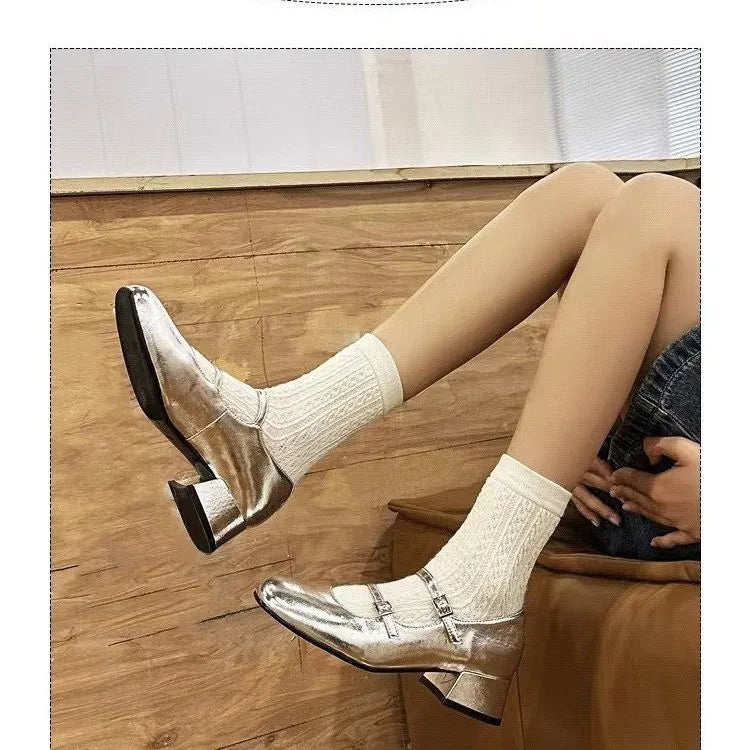 pantsparadises Silver Heels Mary Jane Shoes Women Thick Heels Buckle Lolita Shoes School Uniform Student Girls Leather Shoes 2024