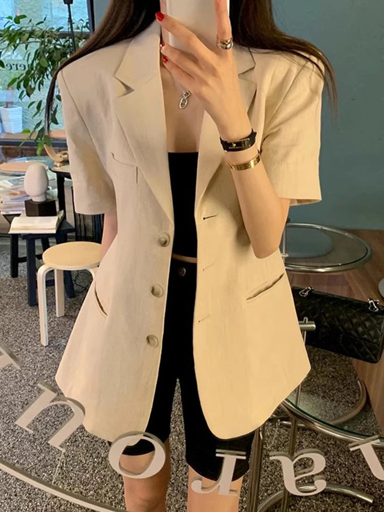 Retro Suit Collar Single Breasted Women Short Sleeved Korean Chic Casual Slim Jacket Female Cotton Linen Jacket Top 2024 Summer