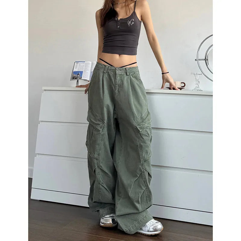 pantsparadises NEW Green Jeans for Women High Quality High Waist American Wide Leg Pants Solid Y2K Vintage Straight Summer Trousers