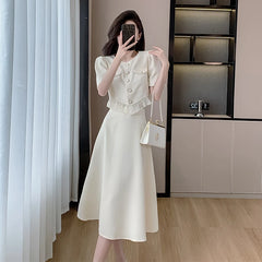  French Vintage Solid Womens Midi Dress Short Sleeve O-neck Elegant Slim Summer Fashion Office Ladies Two Piece Set Clothing