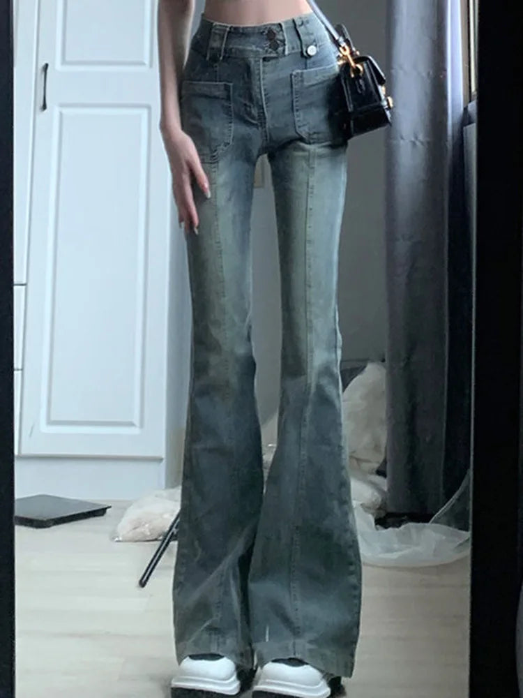 pantsparadises trashy outfits  Pockets Vintage High Waist Skinny Jeans Female Hong Kong Style Denim Bell Bottom Pants Spicy Girl Blue Oversized Boot Cut Jeans