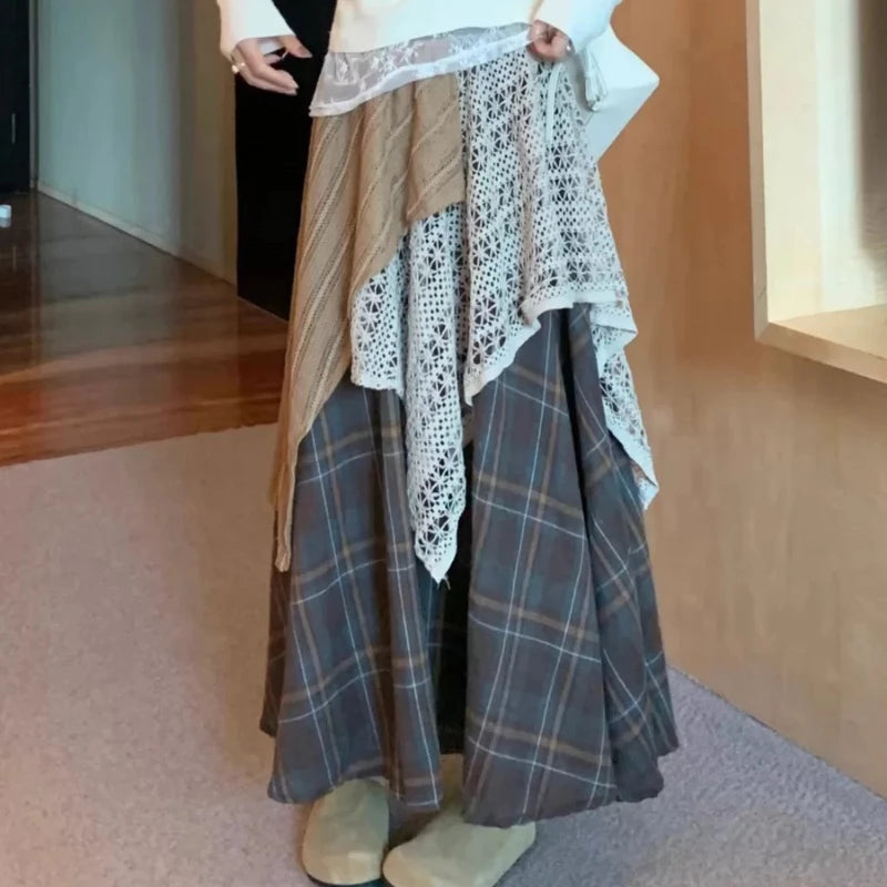 pantsparadises Vintage Long Skirt Women Japanese Style Patchwork Plaid Skirts Harajuku Loose Street Casual Ruffle Skirts Aesthetics