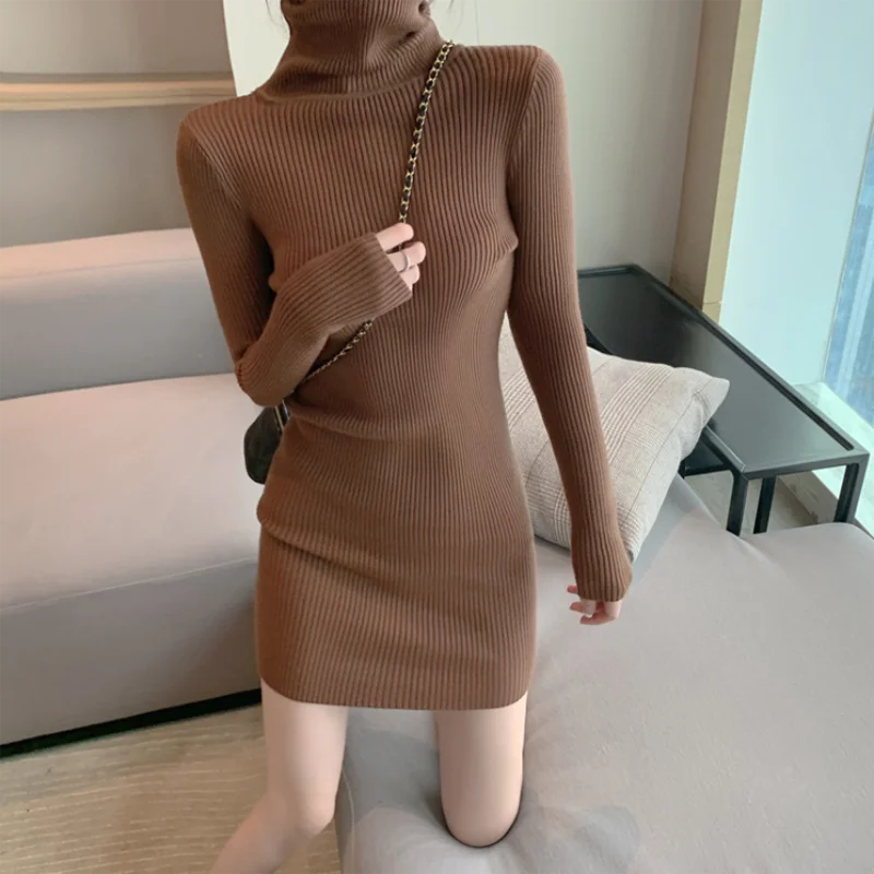 pantsparadises trashy outfits Women Autumn Winter Turtleneck Warm Bodycon Dress Long Sleeve Knit Solid Office Pullover Sexy Mini Dress for Ladies