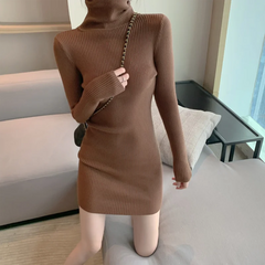 pantsparadises trashy outfits Women Autumn Winter Turtleneck Warm Bodycon Dress Long Sleeve Knit Solid Office Pullover Sexy Mini Dress for Ladies