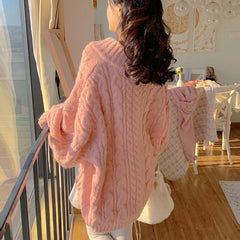 pantsparadises Pink Kawaii Oversize Knitwear Sweaters Women Sweet Cute Big Bow Pullovers Autumn Winter Keep Warm Lantern Sleeve V-Neck Sweater