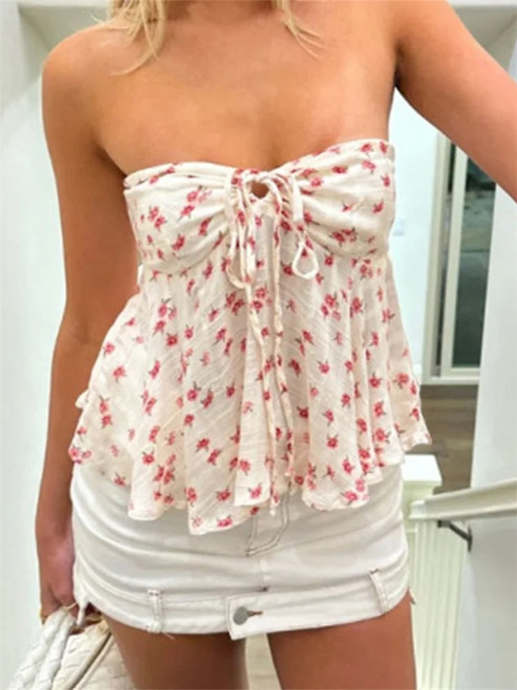 pantsparadises Strapless Off Shoulder Ruched Tube Tops Women Front Tie-up Ruffles Summer Party Clubwear Tank fLORAL pRINT Mini Vest