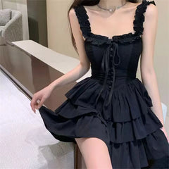 pantsparadises Gothic Black Sexy Slip Dress Y2K Harajuku Streetwear Punk Lace Up Cake Dress Female Summer Korean Fashion Party Ruffles Dresses