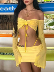 pantsparadises Y2K Aesthetics Sexy Co-ord Sets Yellow 2000s Clubwear Off Shoulder Flare Sleeve Crop Tops and Micro Skirt 2 Piece Suits