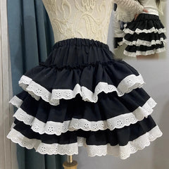 pantsparadises Women Lace Ruffle Bloomers Lolita Sweet Girl Cake Skirt Puff Layered Stretch Pumpkin Pants Safety Shorts