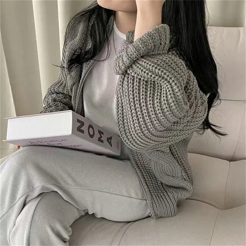 pantsparadises FALL OUTFITS Chic Zipper Up Knitted Cardigan Women Autumn Winter Solid Color Twisted Sweater Woman Wild Long Sleeve Jumper Coats Mujer