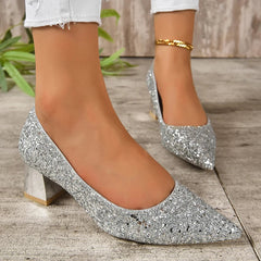 pantsparadises Silver Glitter Thick Heels Pumps Women Luxury Pointed Toe Party Wedding Shoes Woman Plus Size 42 Shallow High Heels Pumps Ladies