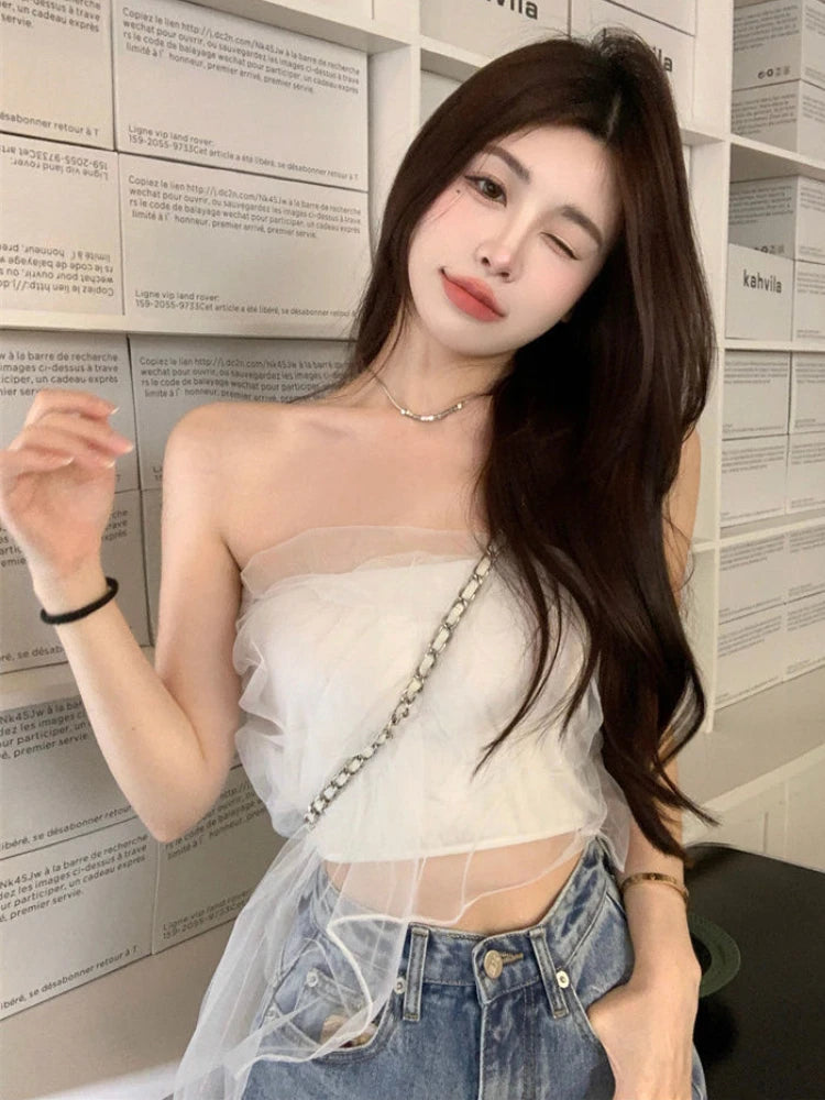 pantsparadises Women Gauze Sweet Girl Strapless Korean Style New Crop Tops Ins Summer Slim Fashion Sexy Hot Lady Fit Club Wear Aesthetics