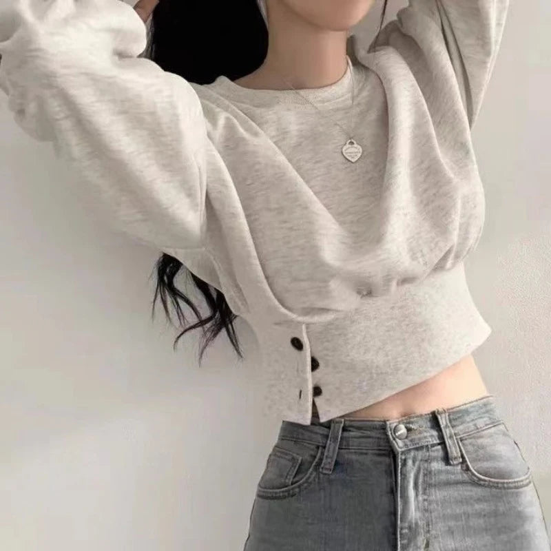 pantsparadises FALL OUTFITS Autumn Women Solid O-Neck Slim Crop Top Lantern Sleeve With Button  Sweat Casual Hip-Hop Sporty Pullover Sweet Chic Street Wear