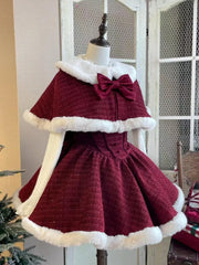 pantsparadises Christmas New Year 3 Piece Set Sweet Lolita Style Dress Sets Womens Elegant Chic Bow Plush Shawl Short Jackets Mini Skirts Suit