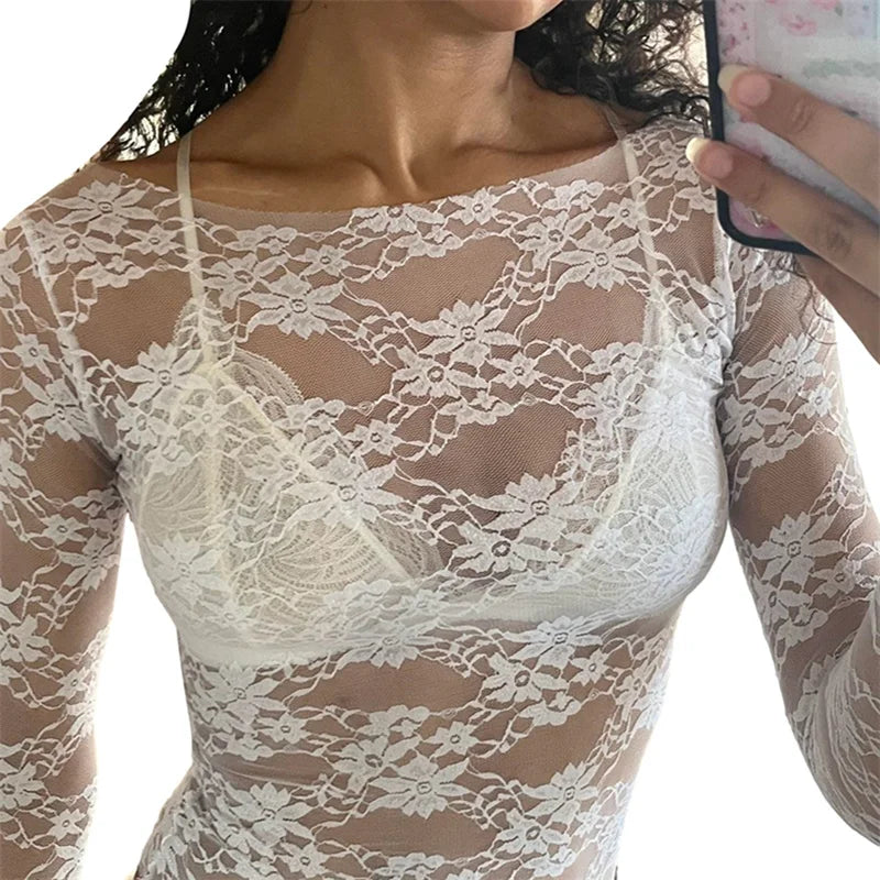 pantsparadises Lace Coquette Top Women Sexy Sheer See Through Floral Round Neck Long Sleeve T Shirt y2k Aesthetic Clothing Streetwear