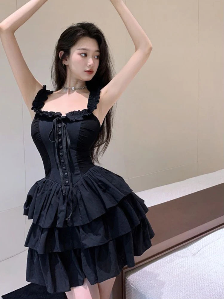 pantsparadises Sexy Slip Lolita Style Black Dress Women Vintage Sleeveless Y2K Mini Dress Summer Slim Sweet Korean Lace Up Cake Dress New