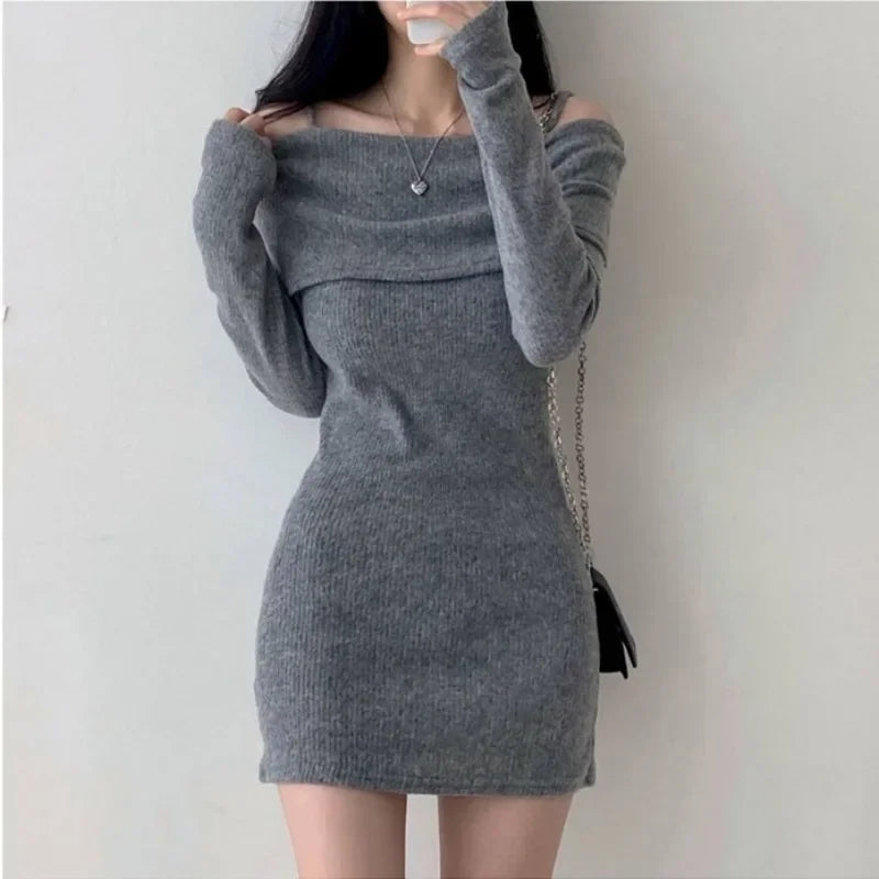 pantsparadises Off Shoulder Suspender Lapel Knit Dress Women Korean Sexy Slim Bottomed Mini Dresses Autumn Winter Solid Suspender Sweater Dress