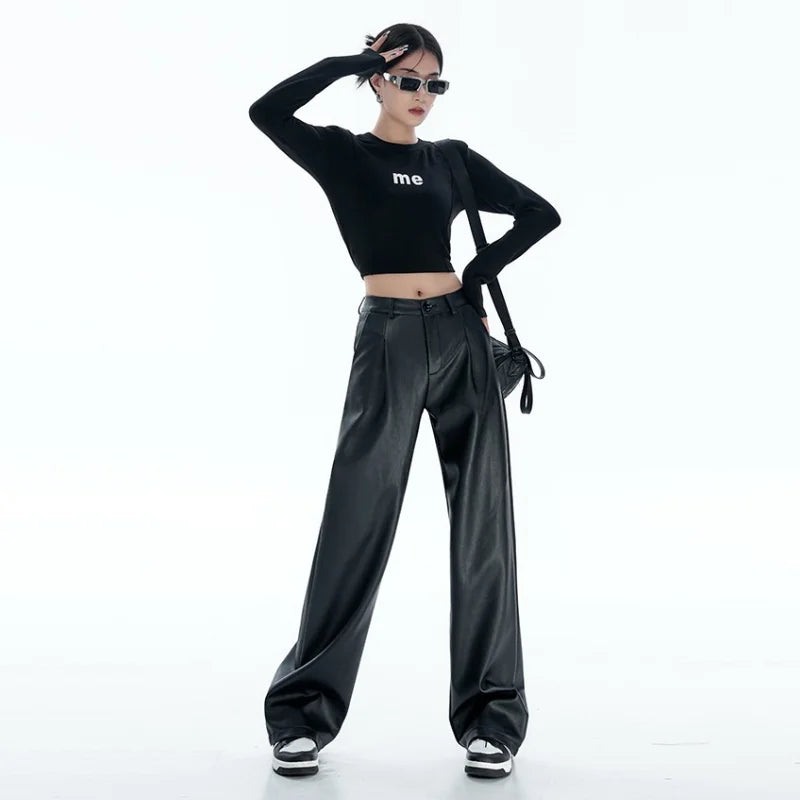 pantsparadises Black PU Leather Pants Women Casual Korean Fashion Baggy High Waist Straight Wide Leg Pants Streetwear Y2K Vintage Goth Punk