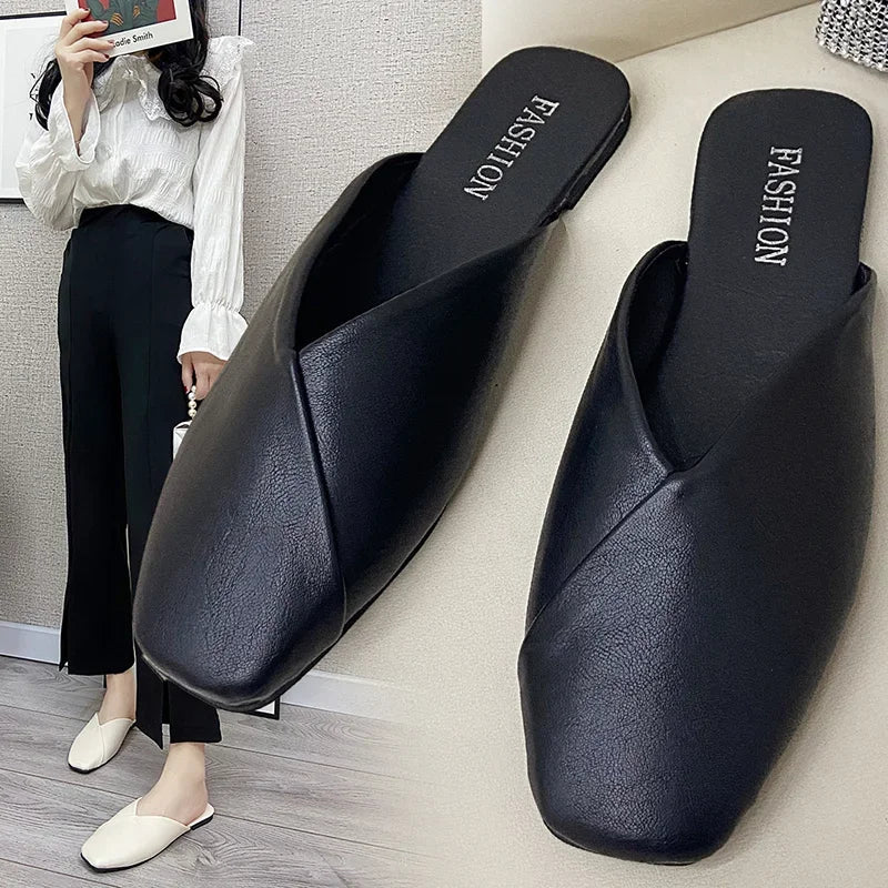 pantsparadises Women Mules Summer Elegant Square Closed Toe Flat Slippers Female Shoes Casual Leather Black White Slides Plus Size 35-43