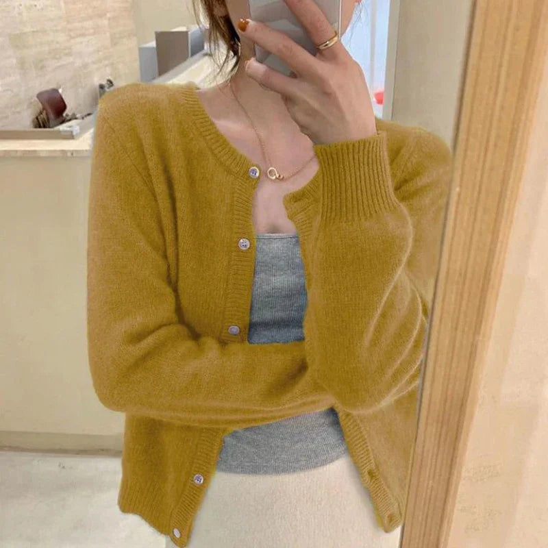 pantsparadises Cold Weather Outfits Fall Solid Color Knitted Cardigan Women Korean Single Breasted Long Sleeve Jumper Woman Round Neck All Match Sweater Outwear Top