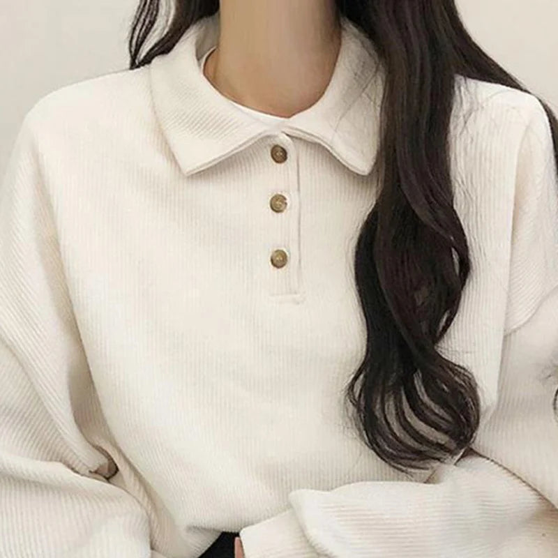 pantsparadises Fall Winter Ribbed Pullovers Women Casual Simple Preppy Style Student Turndown Collar Sweater Korean Button-up Blouses