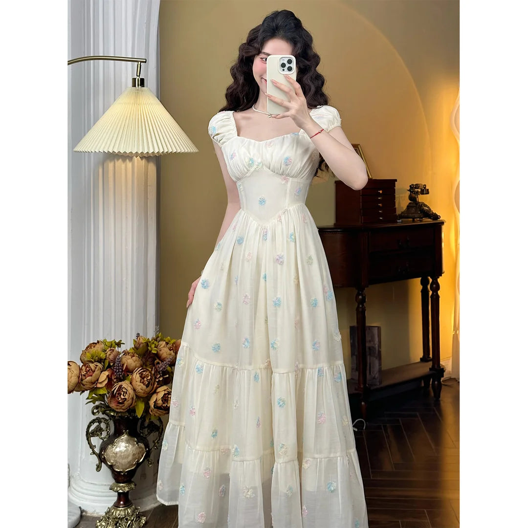 Summer New Sleeveless Chiffon Long French Vintage Lapel Floral Holiday Dress Elegant Luxury Jacquard Fairy Evening Gowns