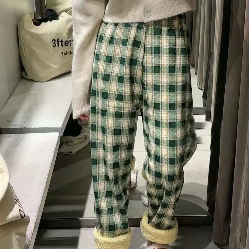 pantsparadises warm winter outfits Padded Thickened Wide Leg Pants Winter LambswoolPlaid Pants Female High Waist Casual Straight Pants