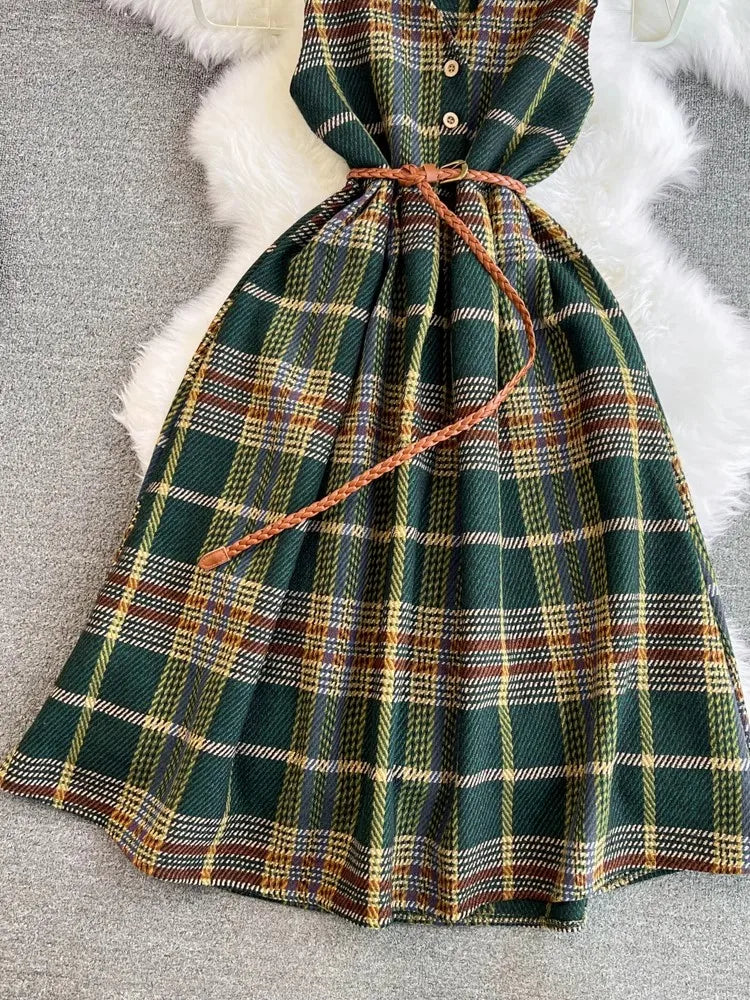 pantsparadises Autumn Winter Plaid Woolen Dress Women Vintage V Neck Sleeveless Long Dress With Belt Streetwear Sundress