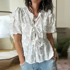 Babydoll Tops Women y2k Clothes Floral Embroidery Round Neck Puff Short Sleeve Shirts Elegant White Blouses Streetwear