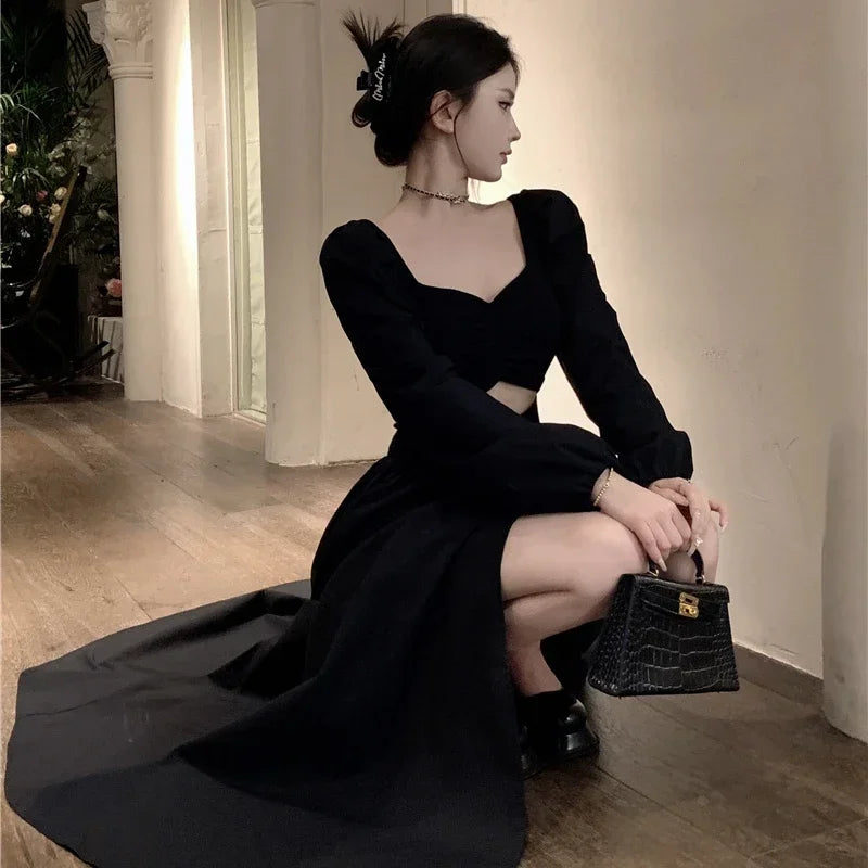 pantsparadises holiday dress Long Sleeve Dresses Women Clothes Gown Sexy Side-slit Solid Maxi Vestidos Mujer Chic Autumn French Streetwear Unique Design New