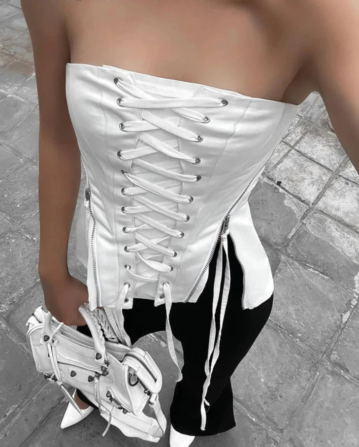 Streetwear Lace -up Bandage Corset Bodycone Off Shoulder Chic Aesthetic Y2K Crop Top Women Korean Summer Bustiers Camis