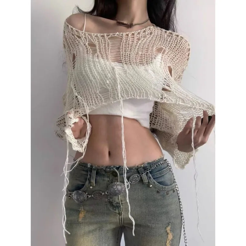 pantsparadises Y2K White Women's Sweater Hollow Out Knitwear Cropped Pullovers Spring Short Networks Jumper Vintage