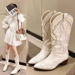 pantsparadises Women's Embroidered Western Mid Calf Boots Cowboy Square Heels Boots Pointed Toe Platform Boots Women Western Shoes Plus Size 42