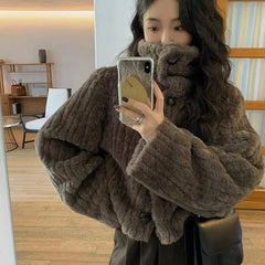 pantsparadises WINTER OUTFITS Winter Warm Lambswool Coats Women Fashion Korean Padded Cotton Outerwear Woman Stand Collar Cropped Jacket Female 2024