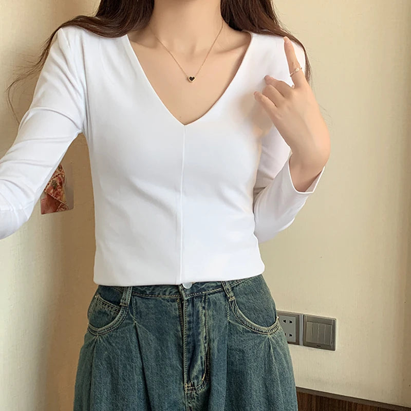 pantsparadises Casual Cotton V Neck Long Sleeve T-shirt Women Spring Autumn Fashion Shoulder Pad Slim Fit Female Tops Ladies Basic Elastic Tees