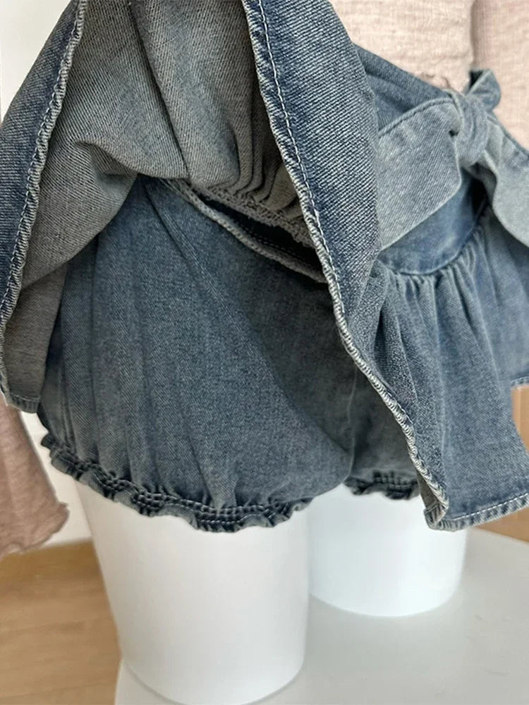 pantsparadises A-line Women Denim Blue Jean Skirts Shorts Summer Bow Hot Girls Mini Skirt Streetwear Sexy Y2k Irregular Kawaii Coquette