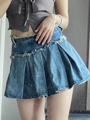 pantsparadises Streetwear Pleated Skirt Denim Women Sexy Y2k Mini Skirt Summer Chic High Waist Korean Fashion Slim Aesthetic Harajuku