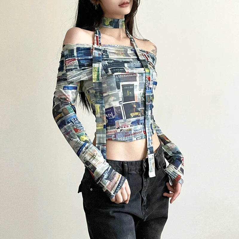 pantsparadises Y2K Coquette Mesh Printed Slash Neck Crop Tops 2000s Aesthetics Long Sleeve Slim T-Shirt Chic Streetwear Woman Clothing