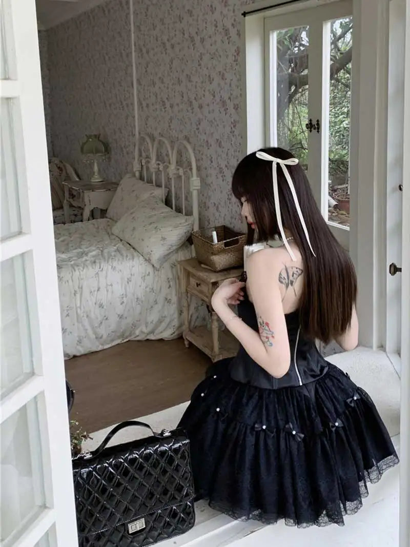 pantsparadises DRESS TO IMPRESS Women Corset Top Tulle Tutu Underskirt 3-piece Set Lace-up Boned Tube Top Bow Stitch Puffy Mini Skirt Retro Black Suit