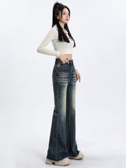 pantsparadises Blue High Waist Skinny Pants Jeans Women Autumn High Street Slimming Trumpet Denim Pants Retro Extended Version Horseshoe Pants