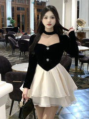 pantsparadises DRESS TO IMPRESS Y2K Mini Princess Dress Women Velvet Patchwork Layered Ruffles A-Line Autumn Spring Elegant Vintage Evening Party Vestidos Mujer