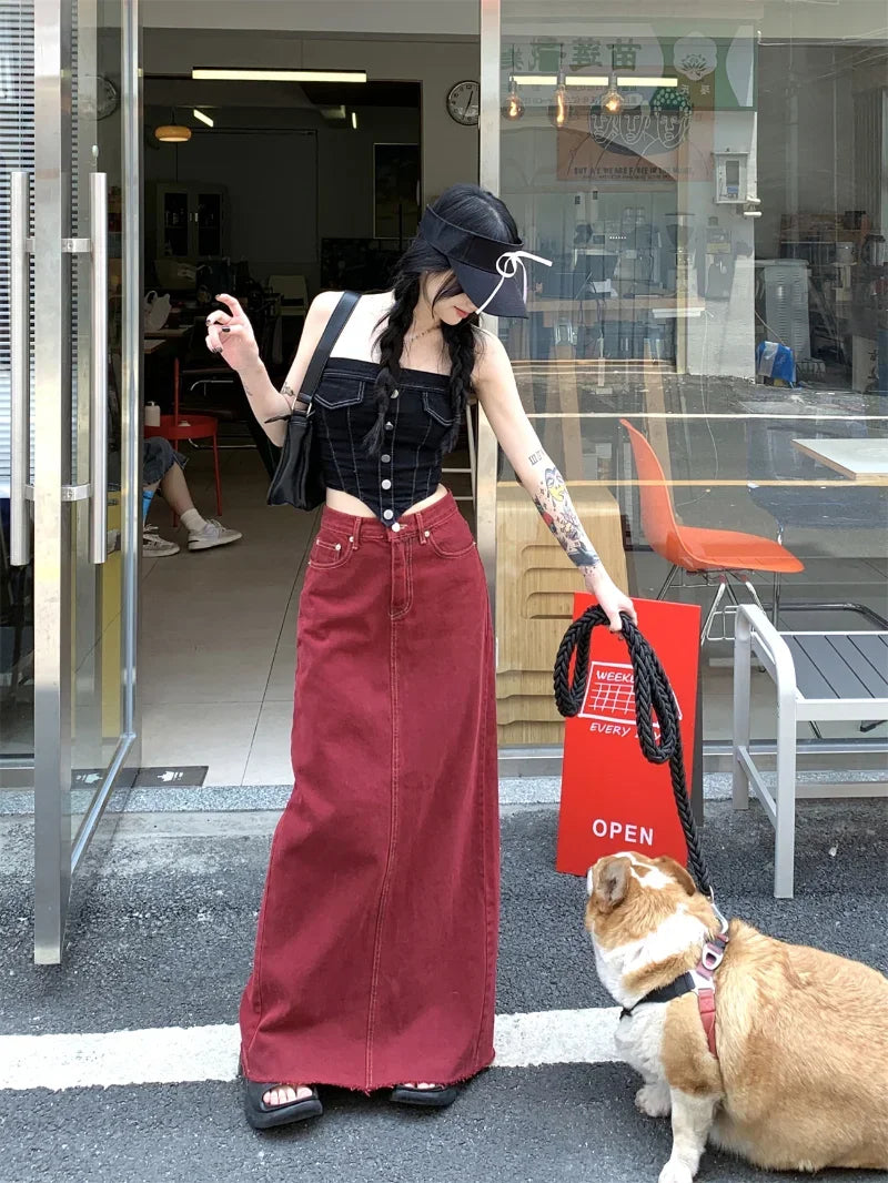 pantsparadises Women's Red Split Back Denim Skirt Summer Chic Design Street Style Solid Color Female Straight Floor Length Long Skirts