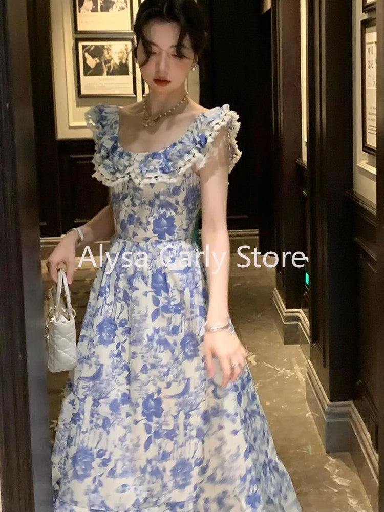 pantsparadises DRESS TO IMPRESS Elegant Korean Fairy Long Dress Women Sexy Ruffles Party Slip Floral Dress Korean Style Summer Dress Female 2024 Casual Fashion