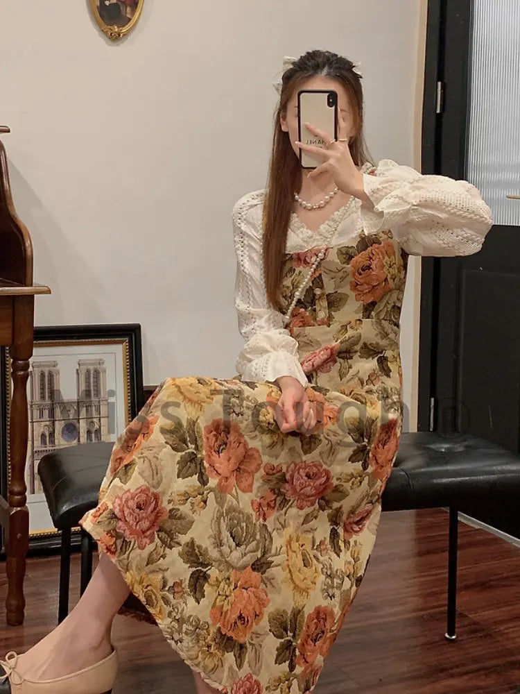 pantsparadises Print Retro Elegant Fairy Dress Women Lace Korean Style Evening Party Midi Dress French Vintage Floral Dress Female Summer