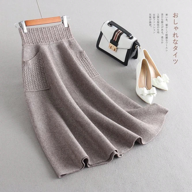 pantsparadises Autumn Winter Women's Knitting New Double Pocket Fluffy Loose Wool Medium And Long Girls' Skirt Leisure Daily Camel Color