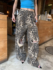 pantsparadises Leopard Ripped Wide Leg Jeans For Women High Waist Patchwork Button Loose Fashion Denim Pant Female Clothing New