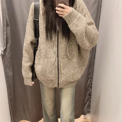 pantsparadises Zipper Hooded Knitted Cardigan Women Harajuku Vintage Knitwear Preppy Style Solid Casual Warm Sweaters Coat Oversize