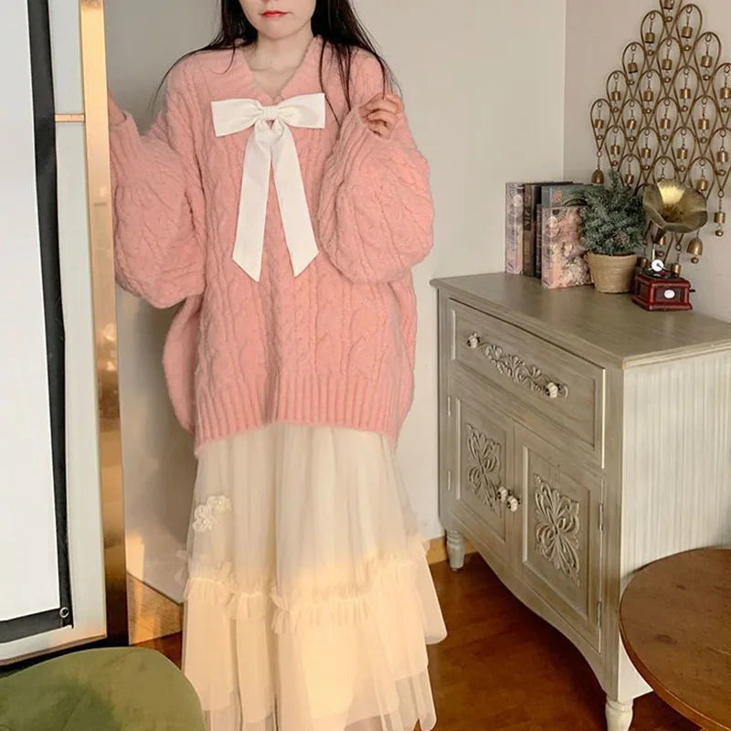 pantsparadises Pink Kawaii Oversize Knitwear Sweaters Women Sweet Cute Big Bow Pullovers Autumn Winter Keep Warm Lantern Sleeve V-Neck Sweater