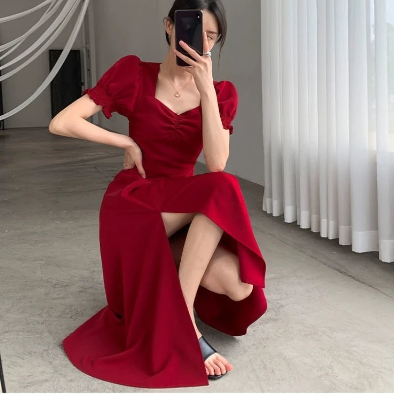 pantsparadises Solid Puff Short-Sleeved Elegant Dress Women Clothing Wedding Guest New Year Women Fashion High Waist Slim Evening Party Dresses