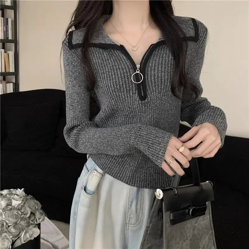 pantsparadises warm winter outfits Turn-down Collar Zipper Sweater Women Autumn Winter Fashion Solid Color Slim Knitwear Office Lady All-match Trend Knitting Tops